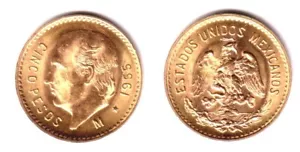 Mexico 1955 Gold Five Pesos GEM BU .1204 OZ AGW TROY--FROM ORIGINAL MINT ROLL - Picture 1 of 10