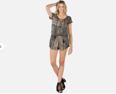 Cleobella Boho Shakira Romper Playsuit Sz Medium Short Sleeve Tassel Black Aztec - Image 1 of 4