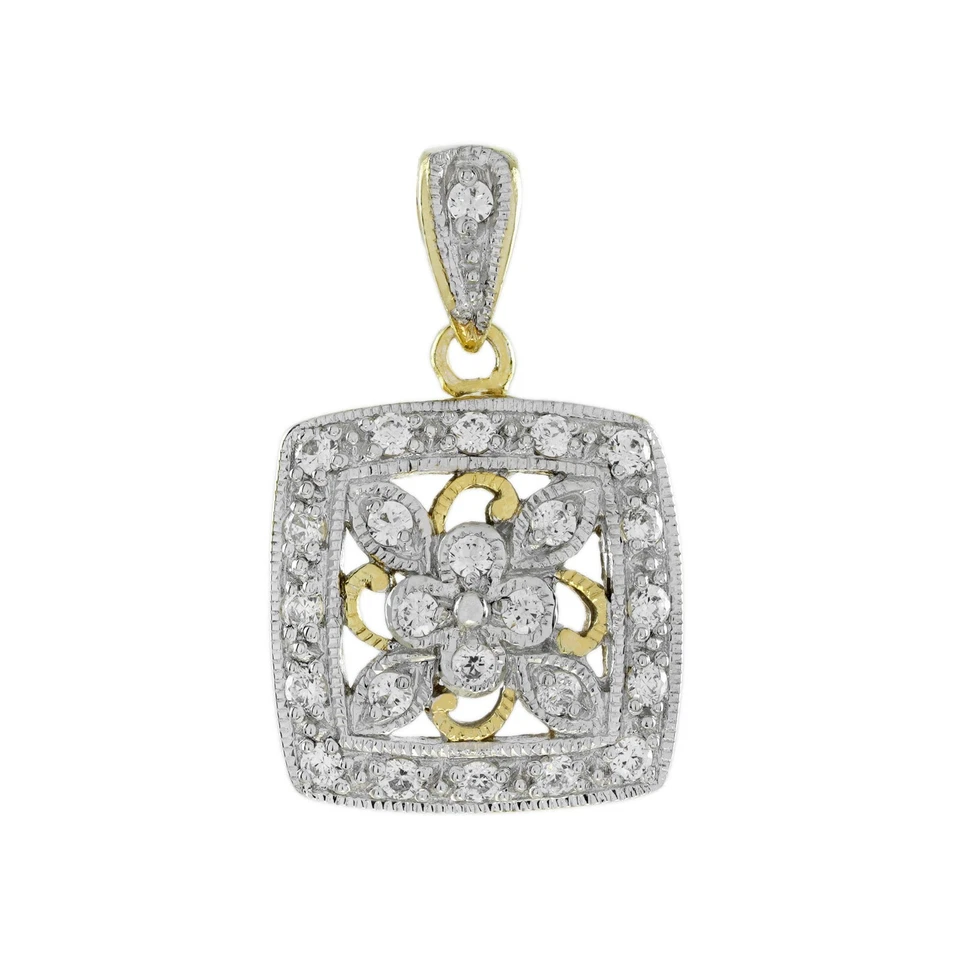 Квадратный кулон в винтажном стиле с цветочным кластером из 14-каратного двухцветного золота с бриллиантами - Изображение 1 из 4