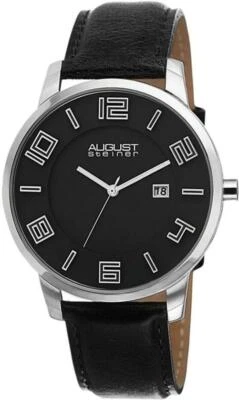 August Steiner AS8108BKS Swiss Quartz Date Stainless Leather Strap Mens Watch - Image 1 of 4