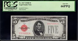 1928-B $5 LEGAL TENDER FR. 1527 PCGS 66 PPQ GEM NOTE CRISP! - Picture 1 of 3