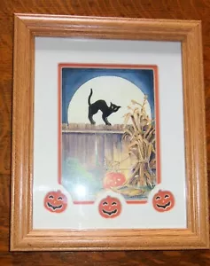 HOLZ GERAHMT & MATTIERT PRIMITIV HALLOWEEN SCHWARZE ÄNGSTLICHE KATZE JACK-O-LATERNE DRUCK - Bild 1 von 5
