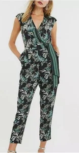 BNWOT Oasis Jasmine Striped Black Green Wrap Floral Jumpsuit Belt Pockets 14 - Picture 1 of 12