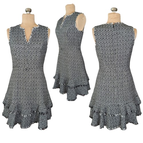 VETEMENTS Abito Eliza J 4 Petite Boucle tweed frange a strati svasato mod scuro ufficio accademia