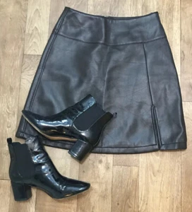 Womens Brown PU Leather A-Line Mini Skirt With Front Split UK8 US12 Lined A54 - Picture 1 of 12