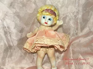 ANTIQUE JAPAN BISQUE FROZEN CHARLOTTE JOINTED ARMS MINIATURE SILK DRESS DOLL - Picture 1 of 8