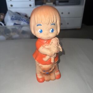 Vintage J.L Prescott Co Rubber Squeaky Toy Girl Holding Doll with a kitten  1968