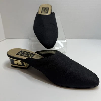 Vintage Coup D’etat Black Fabric Upper Gold Elephant Heel Slip On Mules Sz 7.5 - Image 1 of 4