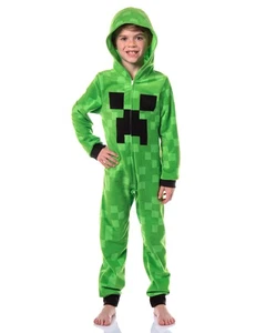 Minecraft Kids Fleece Creeper Hooded Union Suit Zip Front Footless Sleep Pajama - Picture 1 of 7