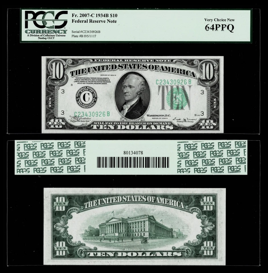 FR. 2007-C 1934-B $10 FRN FEDERAL RESERVE NOTE PHILADELPHIA,PCGS 64 PPQ - Image 1 of 1