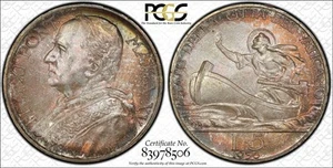 1936 Vatican City 5 Lire Silver Coin PCGS MS67 * Low Mintage * RARE High Grade - Picture 1 of 6