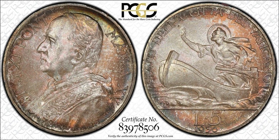 1936 Vatican City 5 Lire Silver Coin PCGS MS67 * Low Mintage * RARE High Grade - Image 1 of 4