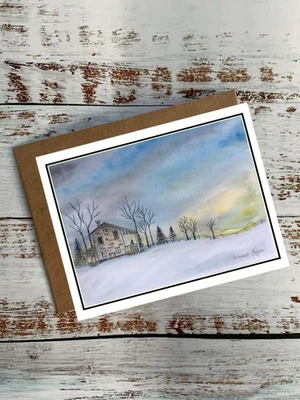 Beautiful winter snow scene, house in the mountains, Christmas,  notecard #564 - Image 1 of 2