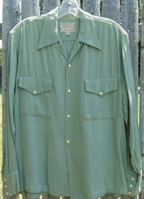 Vtg 1930-40s Loop Collar H Bar C Green Rayon MOP Snaps Western Rockabilly Shirt - Image 1 of 4