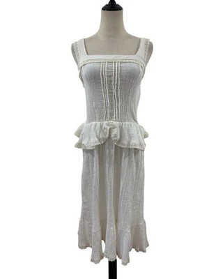 Vtg 70s Gauzy Ivory Midi Dress Ruffle Eyelet Lace Sz M Cottagecore Boho Romantic - Image 1 of 4