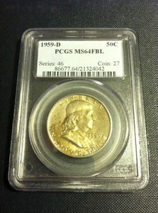1959 D Franklin Half Dollar 50C PCGS MS 64 FBL Full Bell Lines Toned - Picture 1 of 2