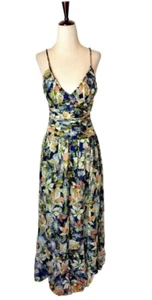 Tanya Taylor Dress Women 00 Black Floral Linen Silk Ruched Lovette Maxi Party - Picture 1 of 15