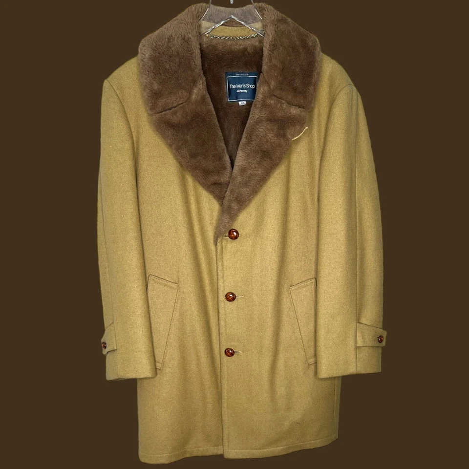 Abrigo de lana pesada marrón vintage forro de cuello de piel sintética chaqueta de 3 botones talla 40 Foto 1 de 4