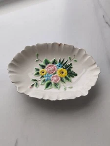 Vintage Handmade Hand Painted Trinket Dish Floral Ceramic, Jewelry Key Holder 6" - Picture 1 of 6