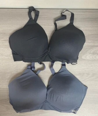 DKNY LADIES 2 PACK WIRELESS MICROFIBER PLUNGE BRA, GRAY/BLACK, LARGE *DISTRESSED - Image 1 of 2