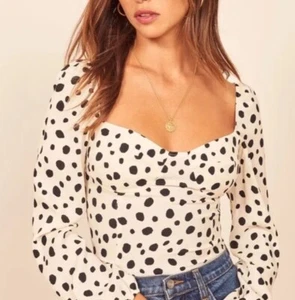 Reformation Reign Top Ink Blot Polka Dot Smocked Black White Peasant Coquette 12 - Picture 1 of 10