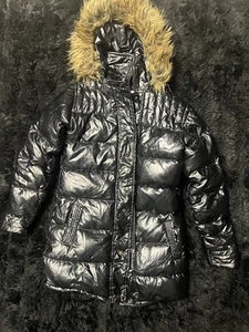 Appaman Woman Teen Black Shiny Fur Trimmed Hooded Zipped Puffer Coat Size 12 - Picture 1 of 10