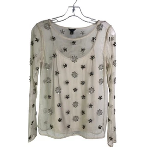 Top Ann Taylor para mujer talla XS crema malla nude con gemas - Imagen 1 de 10