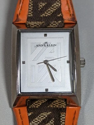 Anne Klein Silver Tone Dial Rectangle Case Orange Brown Leather Band Watch - Image 1 of 4