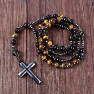 Cross Pendant Tiger Eye Obsidian Meditation Handmade Men's Beaded Necklace - Picture 1 of 3