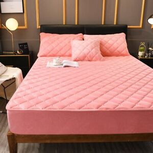Crystal Velvet Thicken Quilted Mattress Cover Warm Soft Plush Bed Fitted Sheet