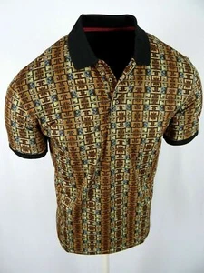 Mens Polo Shirt Brown Tan Designer Italian Prints Slim Fit Stretch 3 Button - Picture 1 of 5