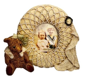 Vintage Victorian Teddy Bear Oval Picture Frame Cameo Dollie Lace 90s 3x2 - Picture 1 of 12