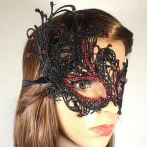 Women Diamante Black Lace Face Eye Mask Venetian Cosplay Halloween Masquerade - Picture 1 of 10