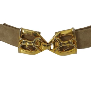 PAQUETTE Double Horse Belt Buckle Gold Tone Interlocking Two Pieces Vegan Suede - Picture 1 of 8