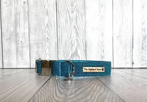 1" Kingfisher Harris Tweed Soft Handmade Adjustable Dog Collar silver clip S-XL - Picture 1 of 8
