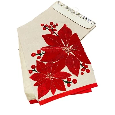 Cynthia Rowley Christmas Poinsettia with Beaded Accents 72in Table Runner - Image 1 of 2