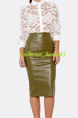 Women Knee Length Skirt Pure Green Lambskin Leather Mini Party Casual Party 55 - Image 1 of 4