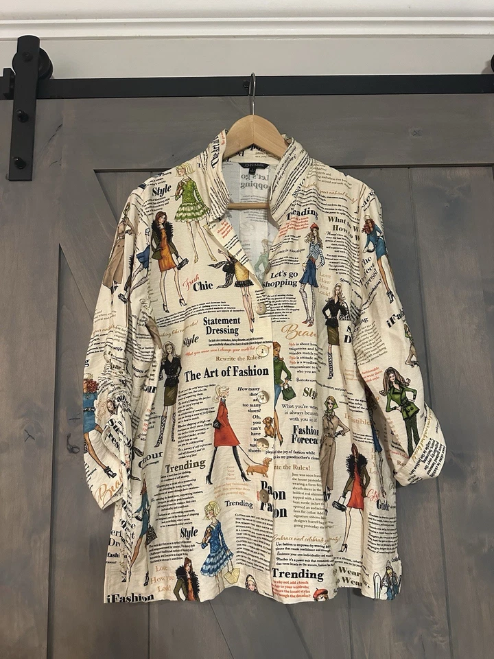 Camisa John Mark L Abotonada Artística Cuello de Alambre Top Mangas Acanaladas Estampado de Moda Foto 1 de 4