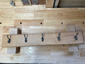 Wooden Chunky Coat Rack Vintage Oak Handmade Cast Iron Hook 5 Hooks