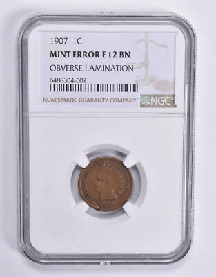 MINT ERROR F12 BN 1907 Indian Head Cent OBV Lamination NGC *1807 - Image 1 of 3