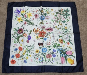 Vintage Gucci Silk Scarf Blue Border Flowers Accornero Floral 34" Square Italy - Picture 1 of 13