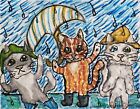 CATS in the Rain Original 9 x 12 Painting by Artist KSams Kitty Cat Folk Art
