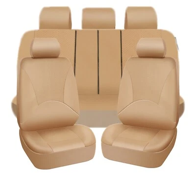 Synthetic Leather Beige Car Seat Covers Genuine Leather Feel Front Rear Full Set - Image 1 of 4