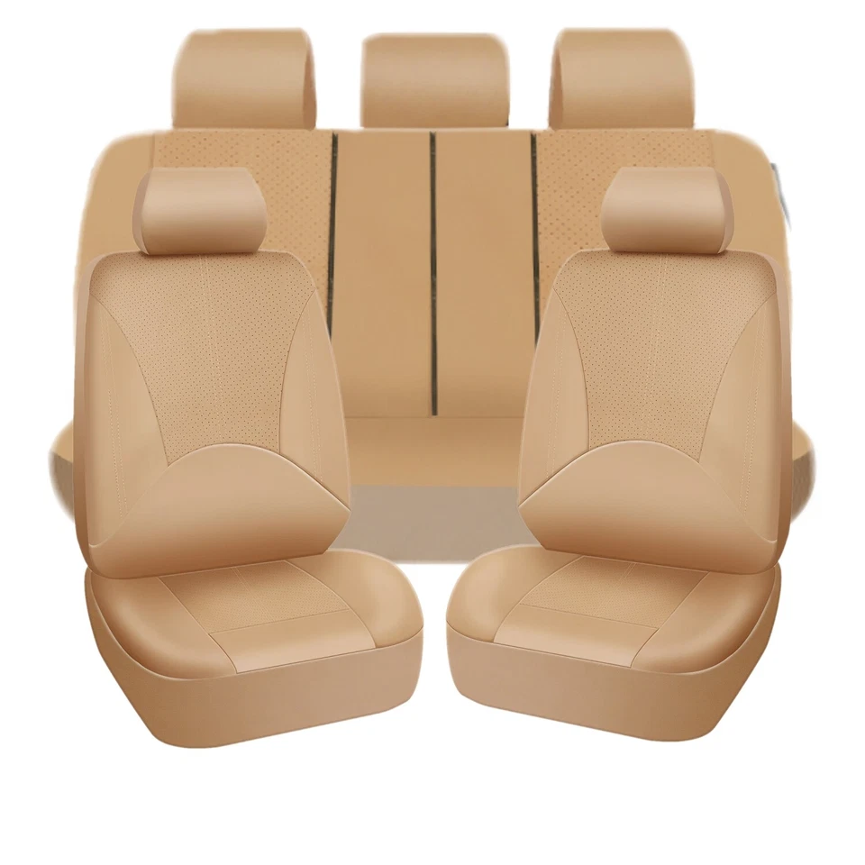 Juego completo de fundas de asiento de coche de cuero sintético beige sensación de cuero genuino delanteras traseras Foto 1 de 4