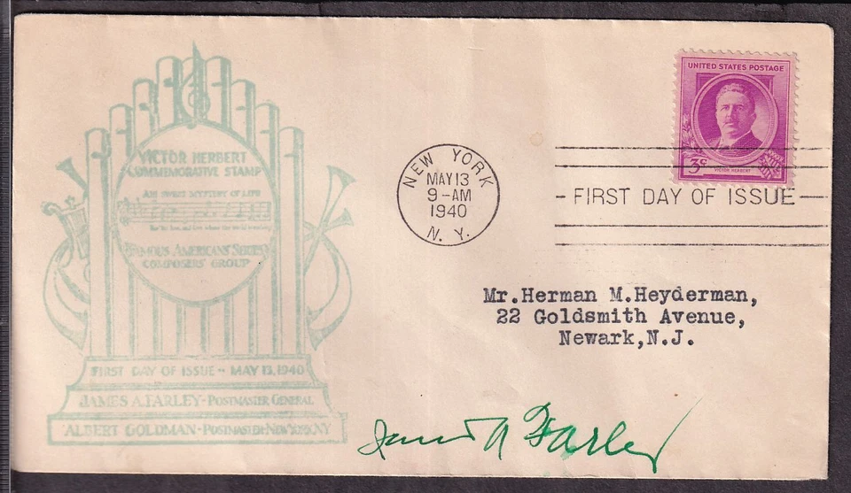 1940 Victor Herbert Sc 859-76 signed by PM James A. Farley, NYPO Goldman cachet - Image 1 of 2