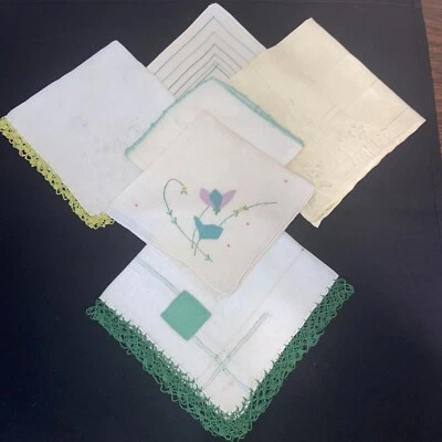 Lote De Colección De 5 Pañuelos Borde Ganchillo Tonos De Verde/Amarillo - K71 Foto 1 de 4