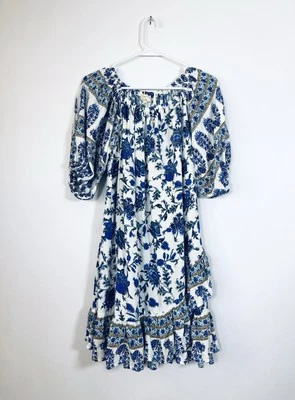 Artelier Nicole Miller Dress Small. Off Shoulder Option. Elastic. Blue Paisley - Image 1 of 4