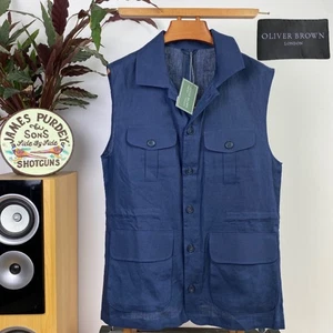 Chaleco Oliver Brown (M) BNWT Puro 100% Lino Safari Azul Hemingway - Imagen 1 de 21
