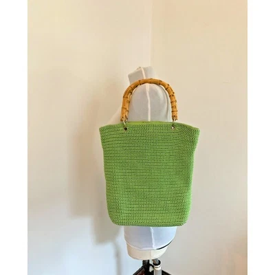 Bolso de hombro Maggie Barnes verde tejido bambú natural doble asa de colección y2k Foto 1 de 4