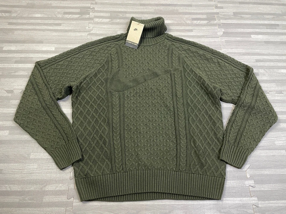 Nike Life Cable Knit Turtleneck Sweater Olive Green FB7770 325 Men's Medium